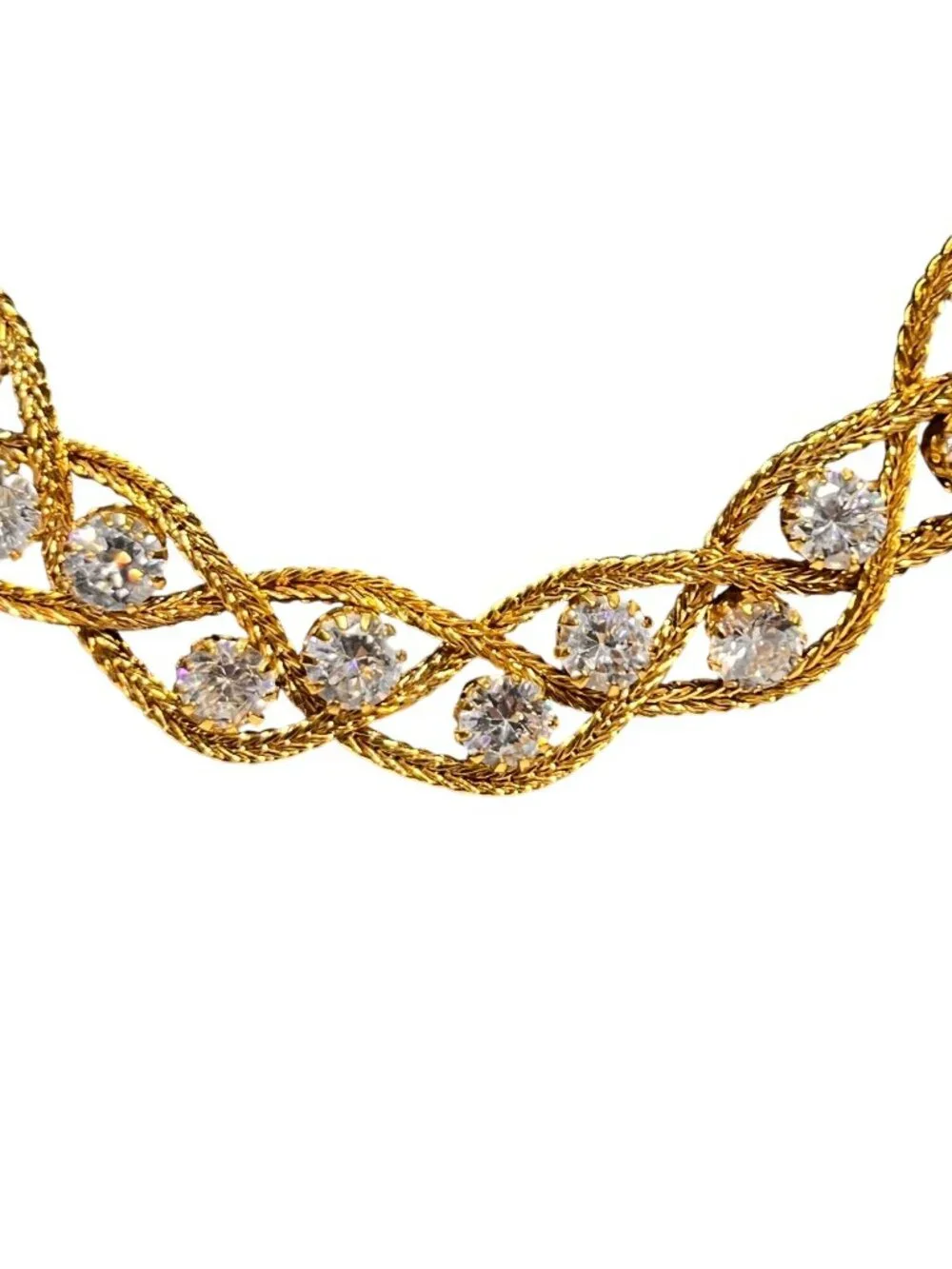 Nolan Miller Gold Tone Braided Wheat Chain Necklace W/ Clear Rhinestones (6307) - Picture 4 of 7